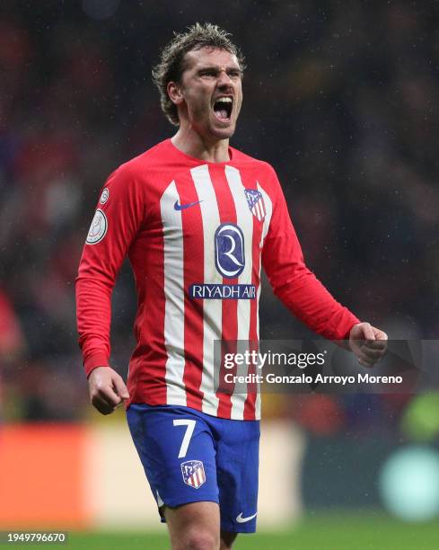 Antoine Griezmann of Atletico de Madrid celebrates during the Copa Del Rey Round of 16 match between Club Atletico de Madrid and Real Madrid CF at...