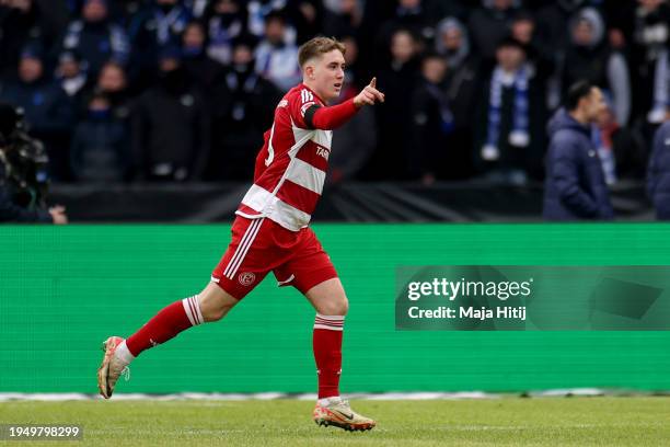 Isak Bergmann Johannessonof Fortuna Duesseldorf celebrates scoring his team's first goal during the Second Bundesliga match between Hertha BSC and...