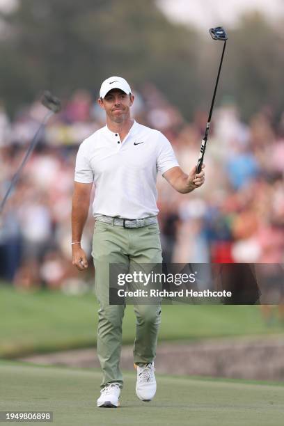 Rory McIlroy of Northern Ireland celebrates victory on the 18th green during the final round of the Hero Dubai Desert Classic at Emirates Golf Club...