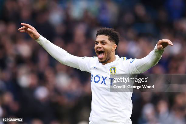 Georginio Rutter of Leeds United celebrates following the team's victory in the Sky Bet Championship match between Leeds United and Preston North End...