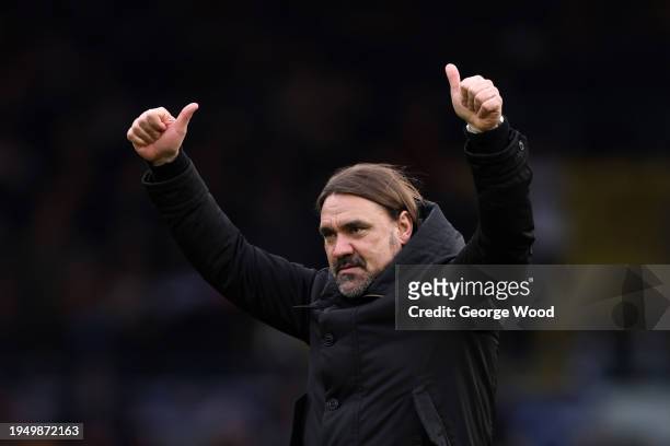 Daniel Farke, Manager of Leeds United, celebrates victory following the Sky Bet Championship match between Leeds United and Preston North End at...