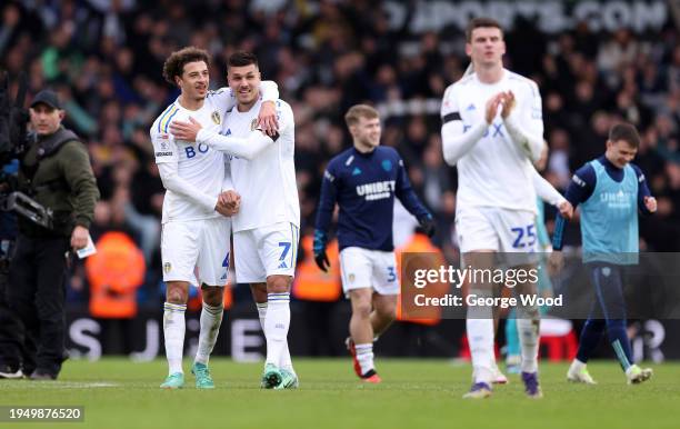 Joel Piroe and Ethan Ampadu of Leeds United celebrate victory following the Sky Bet Championship match between Leeds United and Preston North End at...