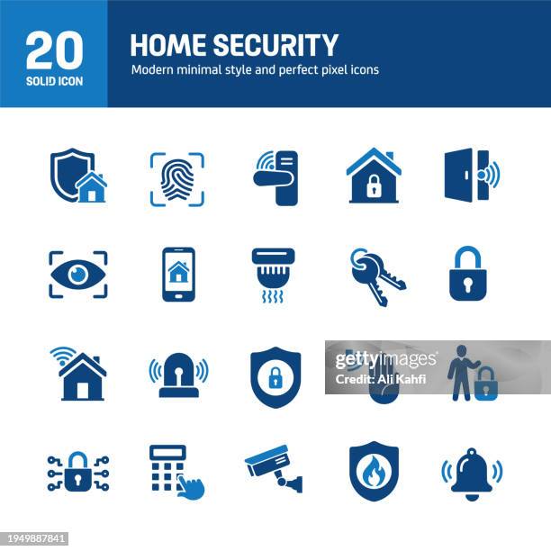 illustrazioni stock, clip art, cartoni animati e icone di tendenza di icone solide di sicurezza domestica. contenente allarme, telecamera di sicurezza, guardia, raccolta di icone solide del sistema di sicurezza. illustrazione vettoriale. per la progettazione di siti web, logo, app, modello, interfaccia utente, ecc. - sicurezza