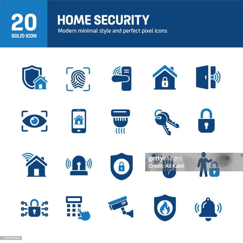 Ícones sólidos de segurança doméstica. Contendo alarme, câmera de segurança, guarda, sistema de segurança sólido coleção de ícones. Ilustração vetorial. Para design de site, logotipo, aplicativo, modelo, ui, etc.