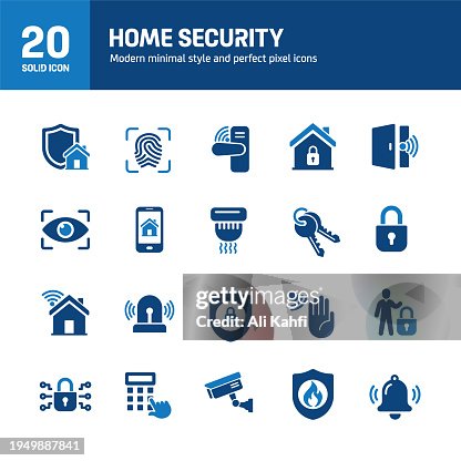 Home security solid icons. Containing alarm, security camera, guarding, security system solid icons collection. Vector illustration. For website design, logo, app, template, ui, etc. Home security solid icons. Containing alarm, security camera, guarding, security system solid icons collection. Vector illustration. For website design, logo, app, template, ui, etc.