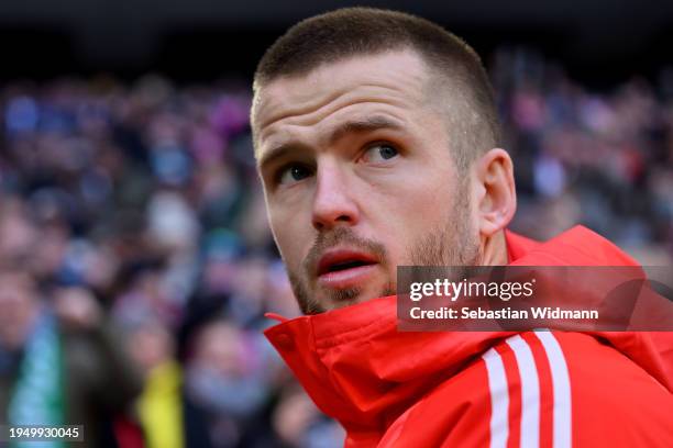 Eric Dier of Bayern Munich looks on prior to the Bundesliga match between FC Bayern München and SV Werder Bremen at Allianz Arena on January 21, 2024...