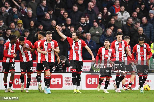 Ben Brereton Diaz of Sheffield United celebrates scoring his team's first goal during the Premier League match between Sheffield United and West Ham...