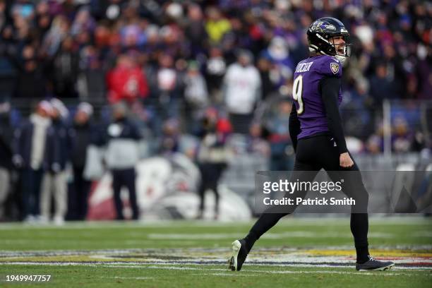 Place kicker Justin Tucker of the Baltimore Ravens celebrates a field goal against the Houston Texans during the first quarter in the AFC Divisional...