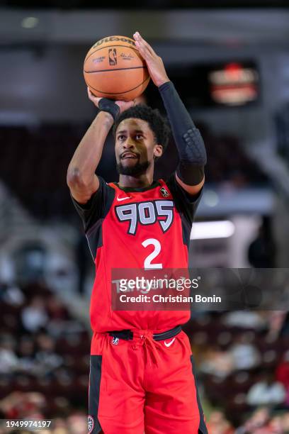 Kobi Simmons of the Raptors 905 shoots a free throw during an NBA G League game against the Delaware Blue Coats at the Paramount Fine Foods Centre on...