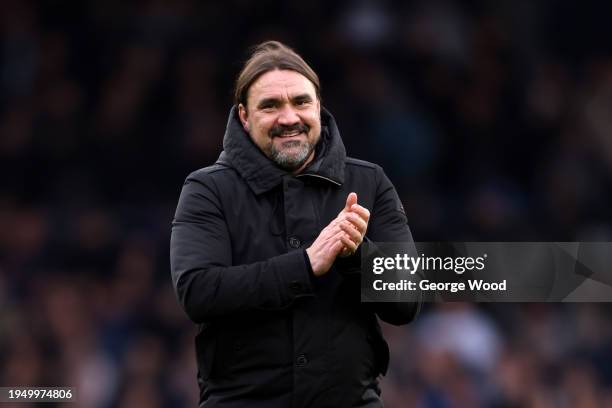 Daniel Farke, Manager of Leeds United, celebrates victory following the Sky Bet Championship match between Leeds United and Preston North End at...