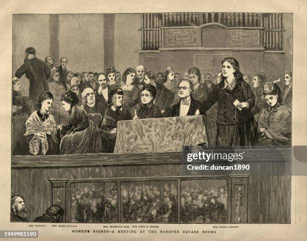 suffragette, victorian women's rights meeting, hanover square rooms, mrs fawcett, lydia e becker, rhoda garrett, 1872, victorian 19th century - suffragist stock illustrations