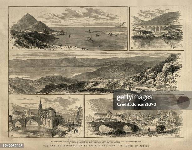 vintage illustration scenes from the third carlist war in spain 1872 - spanish civil war stock illustrations