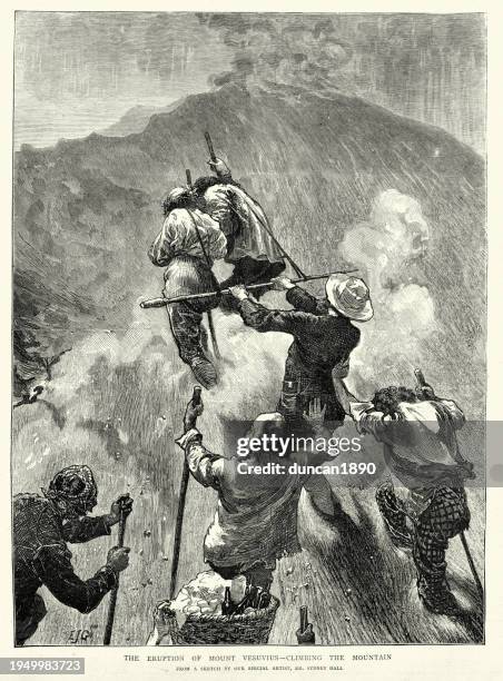 ausbruch des vulkans vesuv 1872, besteigung des berges, 19. jahrhundert - vulkanausbruch stock-grafiken, -clipart, -cartoons und -symbole