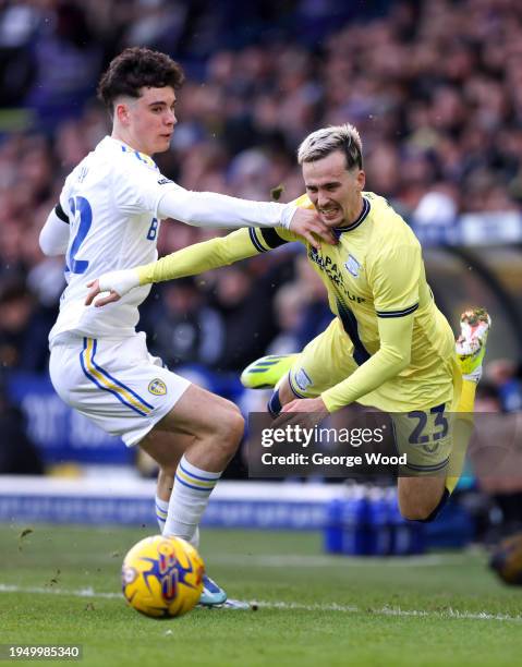 Liam Millar of Preston North End is fouled by Archie Gray of Leeds United during the Sky Bet Championship match between Leeds United and Preston...