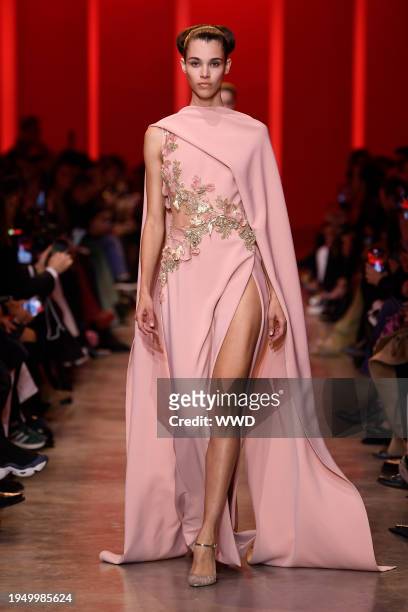 Model on the runway at Elie Saab Couture Spring 2024 as part of Paris Couture Fashion Week held at Palais de Tokyo on January 24, 2024 in Paris,...