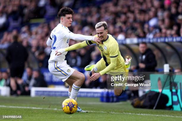Liam Millar of Preston North End is fouled by Archie Gray of Leeds United during the Sky Bet Championship match between Leeds United and Preston...
