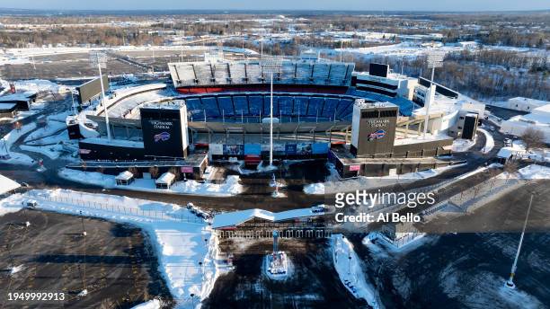 In an aerial view, Highmark Stadium, the home stadium of the Buffalo Bills, stands prior to the AFC Divisional Playoff game between The Buffalo Bills...