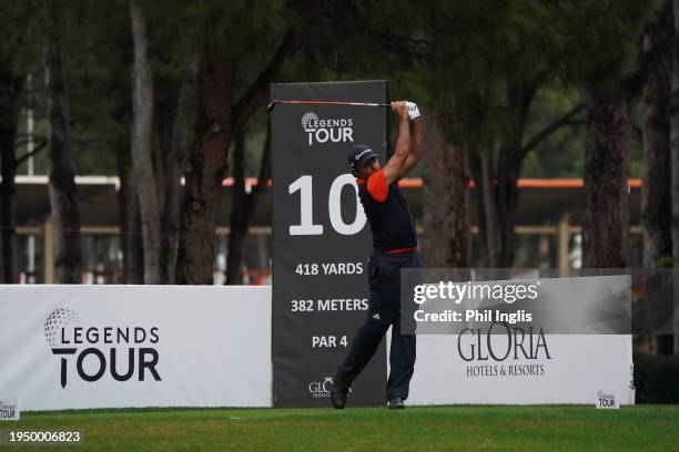 Jyoti Randhawa of India in action during Day Three of the Legends Tour Qualifying School - Final Stage at Gloria Golf Club on January 21, 2024 in...