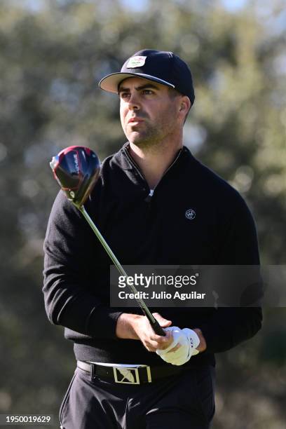 Professional baseball player Whit Merrifield plays his shot from the second tee during the final round of the Hilton Grand Vacations Tournament of...