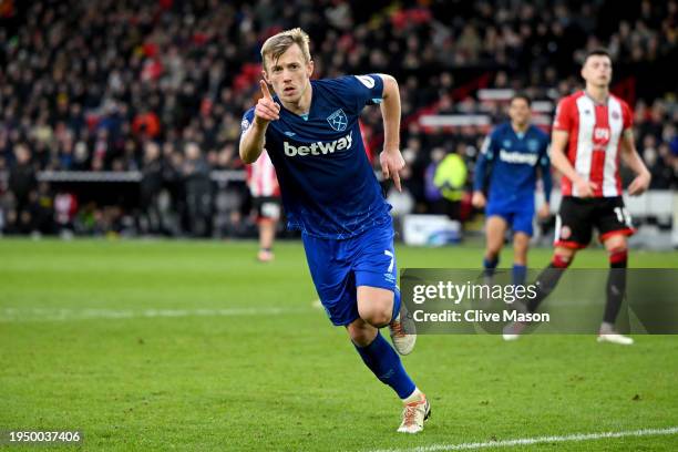 James Ward-Prowse of West Ham United celebrates scoring his team's second goal during the Premier League match between Sheffield United and West Ham...