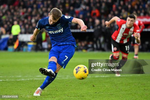 James Ward-Prowse of West Ham United scores his team's second goal from the penalty spot during the Premier League match between Sheffield United and...