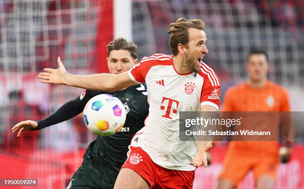 Harry Kane of Bayern Munich reacts during the Bundesliga match between FC Bayern München and SV Werder Bremen at Allianz Arena on January 21, 2024 in...