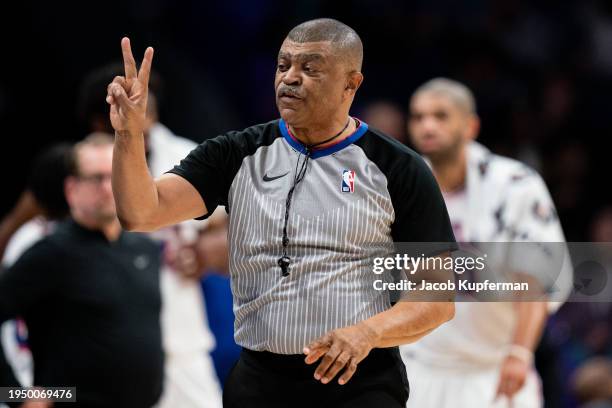 Referee Tony Brothers looks on during the game between the Charlotte Hornets and the Philadelphia 76ers at Spectrum Center on January 20, 2024 in...