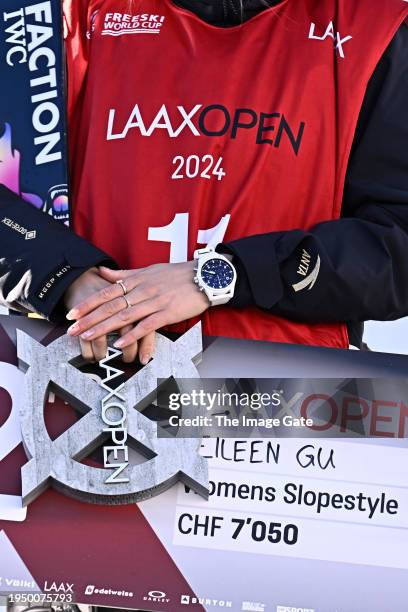 Ailing Eileen Gu of Team China poses for a picture after placing second in the Women's Freeski Slopestyle competition at the Laax Open on January 21,...