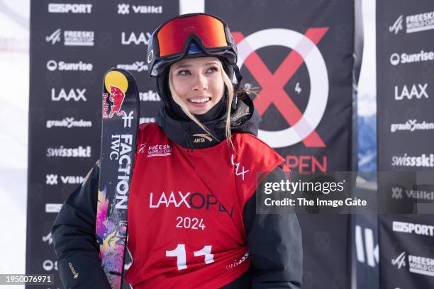 Ailing Eileen Gu of Team China poses for a picture during the Women's Freeski Slopestyle competition at the Laax Open on January 21, 2024 in Laax,...
