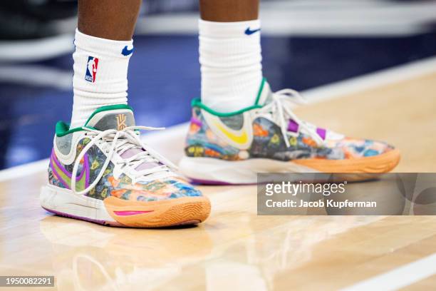 The shoes of Danuel House Jr. #25 of the Philadelphia 76ers during their game against the Charlotte Hornets at Spectrum Center on January 20, 2024 in...