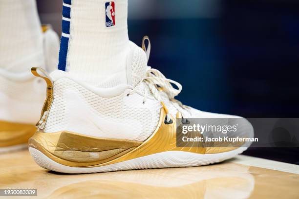 The shoes of Joel Embiid of the Philadelphia 76ers during their game against the Charlotte Hornets at Spectrum Center on January 20, 2024 in...