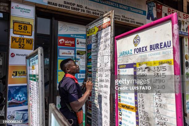 Man working for a forex bureau changes the value on a exchange rate board in downtown Kampala on January 20, 2024.