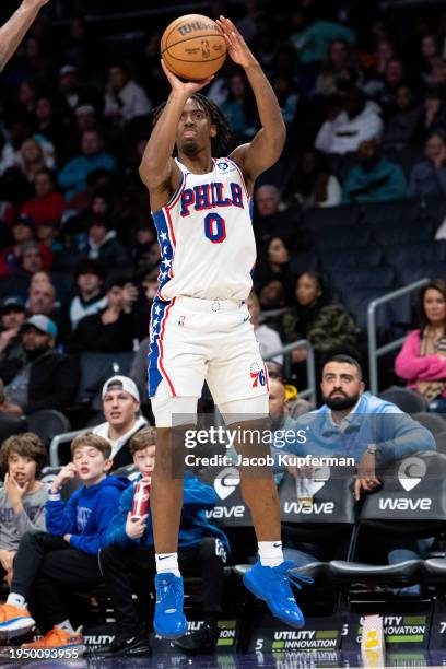 Tyrese Maxey of the Philadelphia 76ers shoots the ball against the Charlotte Hornets during their game at Spectrum Center on January 20, 2024 in...