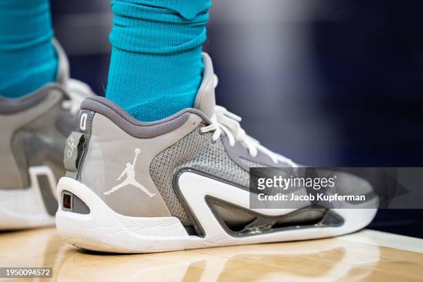 The shoes of Nathan Mensah of the Charlotte Hornets during their game against the Philadelphia 76ers at Spectrum Center on January 20, 2024 in...