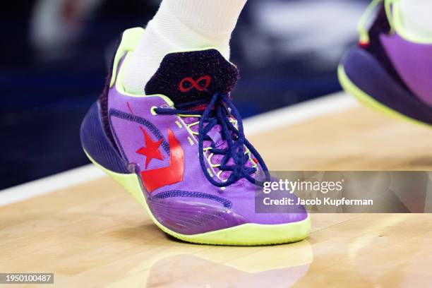 The shoes of Kelly Oubre Jr. #9 of the Philadelphia 76ers during their game against the Charlotte Hornets at Spectrum Center on January 20, 2024 in...