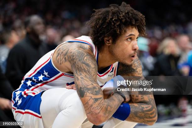 Kelly Oubre Jr. #9 of the Philadelphia 76ers looks on during their game against the Charlotte Hornets at Spectrum Center on January 20, 2024 in...