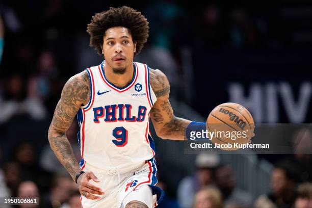 Kelly Oubre Jr. #9 of the Philadelphia 76ers brings the ball up court against the Charlotte Hornets during their game at Spectrum Center on January...