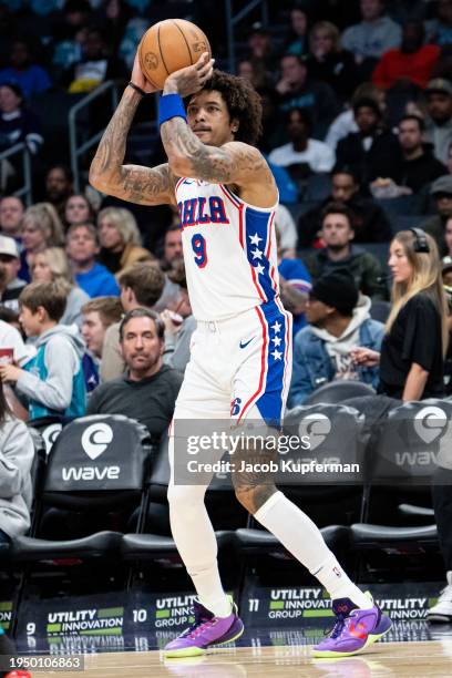 Kelly Oubre Jr. #9 of the Philadelphia 76ers shoots the ball against the Charlotte Hornets during their game at Spectrum Center on January 20, 2024...