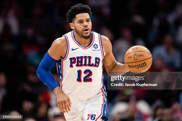 Tobias Harris of the Philadelphia 76ers brings the ball up court against the Charlotte Hornets during their game at Spectrum Center on January 20,...