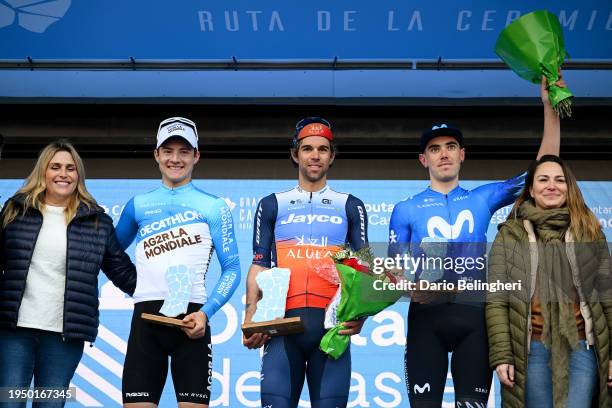Pierre Gautherat of France and Decathlon AG2R La Mondiale Team on second place, race winner Michael Matthews of Australia and Team Jayco AlUla and...