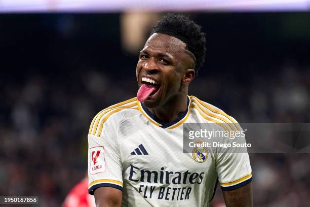 Vinicius Junior of Real Madrid CF celebrates after scoring his team's second goal during the LaLiga EA Sports match between Real Madrid CF and UD...