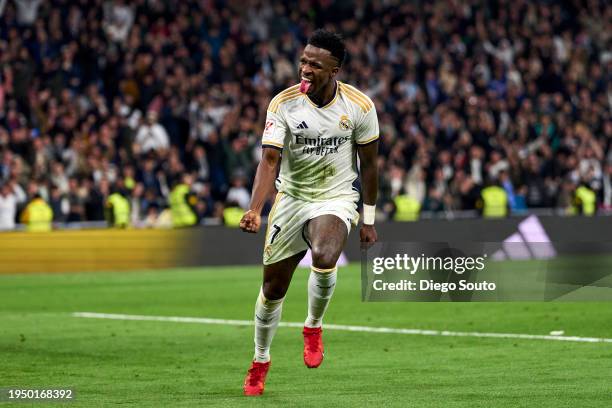 Vinicius Junior of Real Madrid CF celebrates after scoring his team's second goal during the LaLiga EA Sports match between Real Madrid CF and UD...