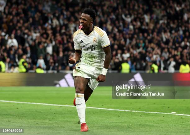 Vinicius Junior of Real Madrid celebrates scoring his team's second goal during the LaLiga EA Sports match between Real Madrid CF and UD Almeria at...