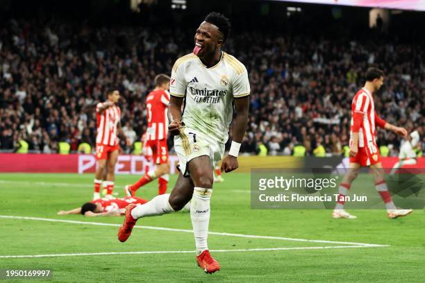Vinicius Junior of Real Madrid celebrates scoring his team's second goal during the LaLiga EA Sports match between Real Madrid CF and UD Almeria at...