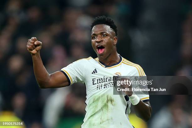 Vinicius Junior of Real Madrid celebrates scoring his team's second goal during the LaLiga EA Sports match between Real Madrid CF and UD Almeria at...