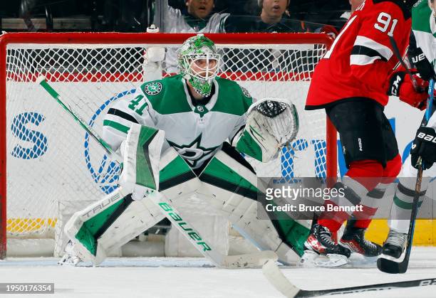 Scott Wedgewood of the Dallas Stars skates against the New Jersey Devils at Prudential Center on January 20, 2024 in Newark, New Jersey.