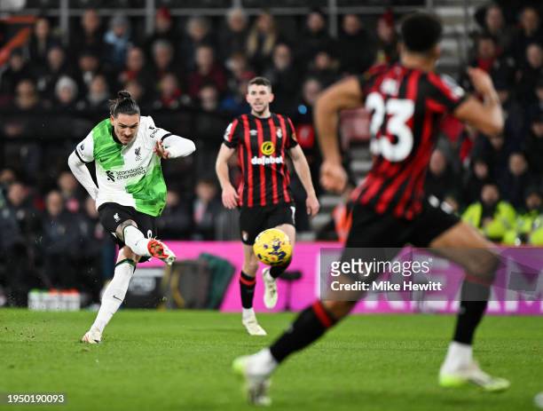 Darwin Nunez of Liverpool shoots during the Premier League match between AFC Bournemouth and Liverpool FC at Vitality Stadium on January 21, 2024 in...