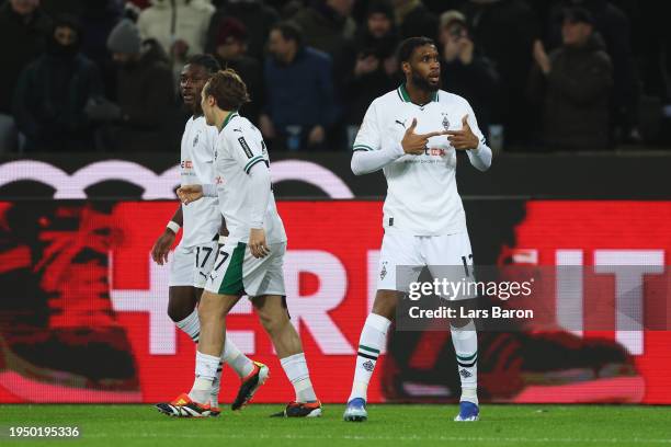 Jordan Siebatcheu of Borussia Moenchengladbach celebrates scoring his team's first goal during the Bundesliga match between Borussia Mönchengladbach...