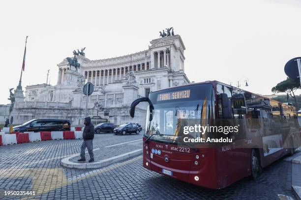 An out-of-service bus is seen during the transportation strike at the Piazza Venezia Square in Rome, Italy on January 24, 2024. Unions demand higher...