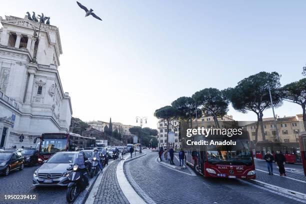 An out-of-service bus is seen during the transportation strike at the Piazza Venezia Square in Rome, Italy on January 24, 2024. Unions demand higher...